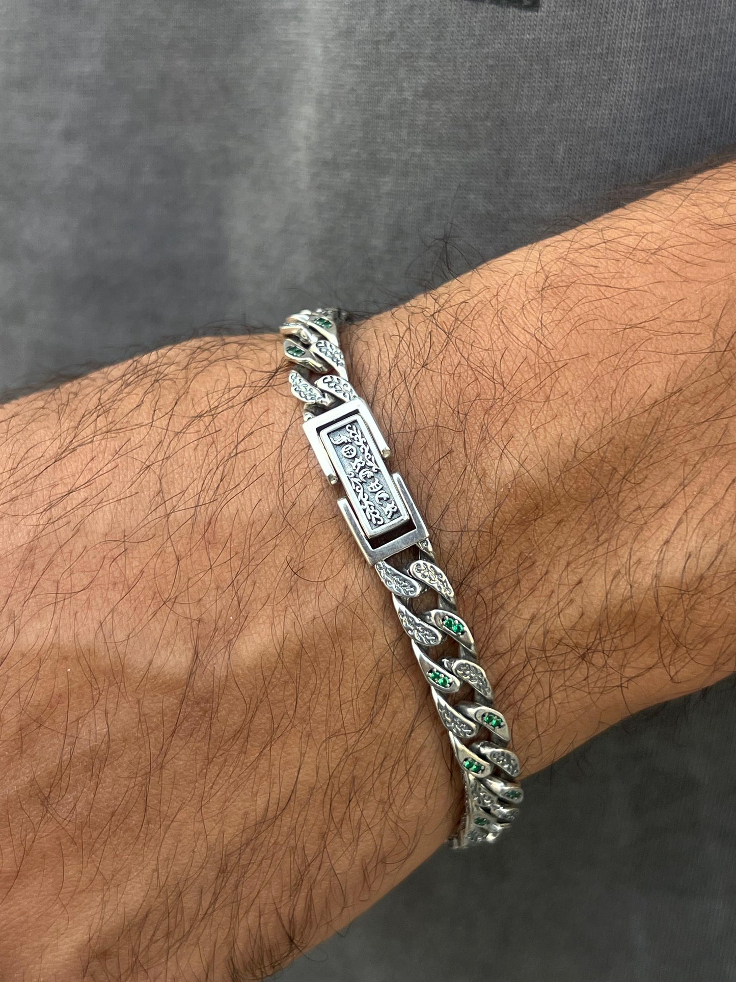 Emerald Green Stone Bracelet for Men's Sterling Silver 925s-(21cm-8mm)