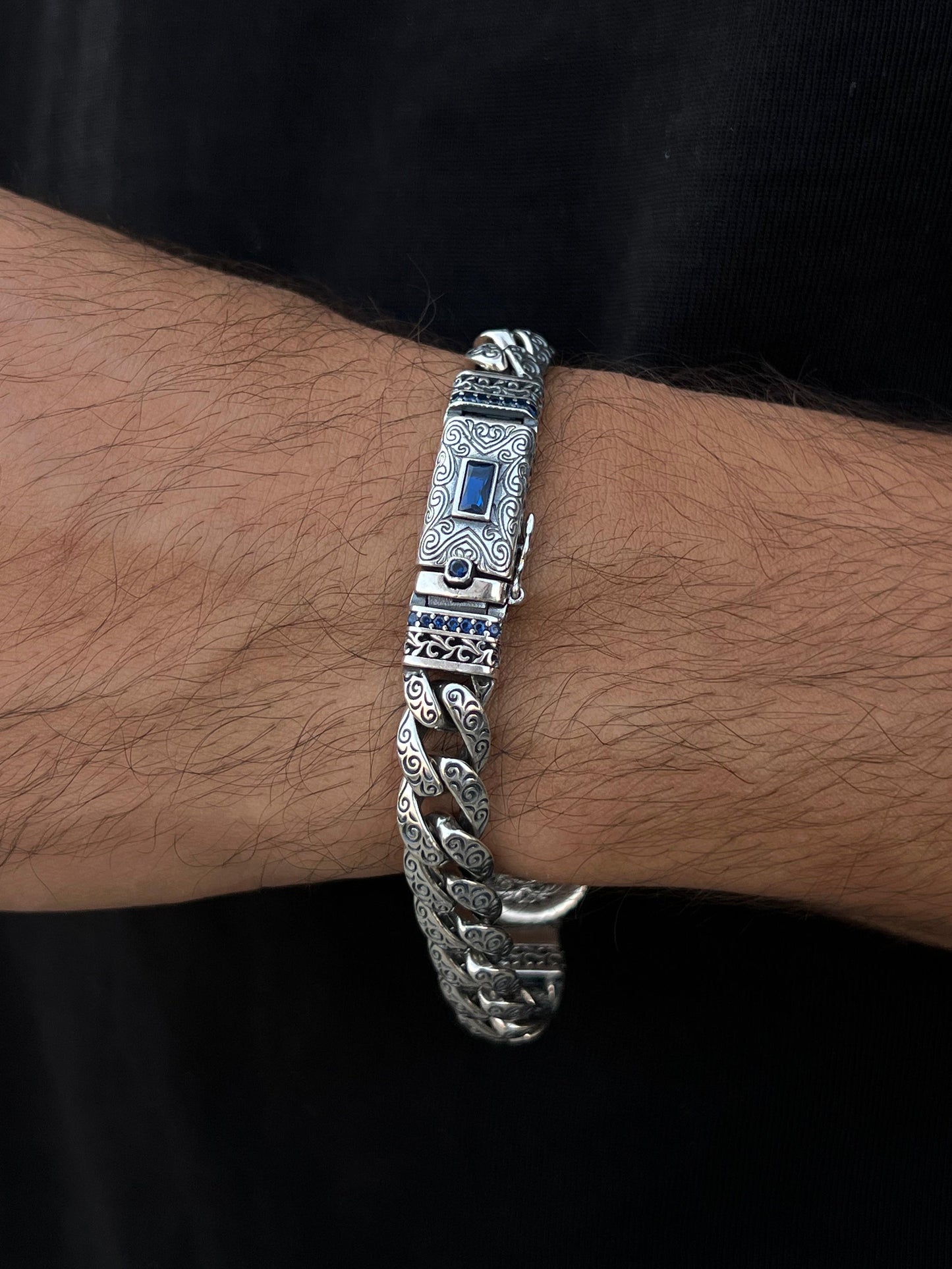 Zaro one stone - Engraved Bracelet for Men's Sterling Silver 925s-21cm