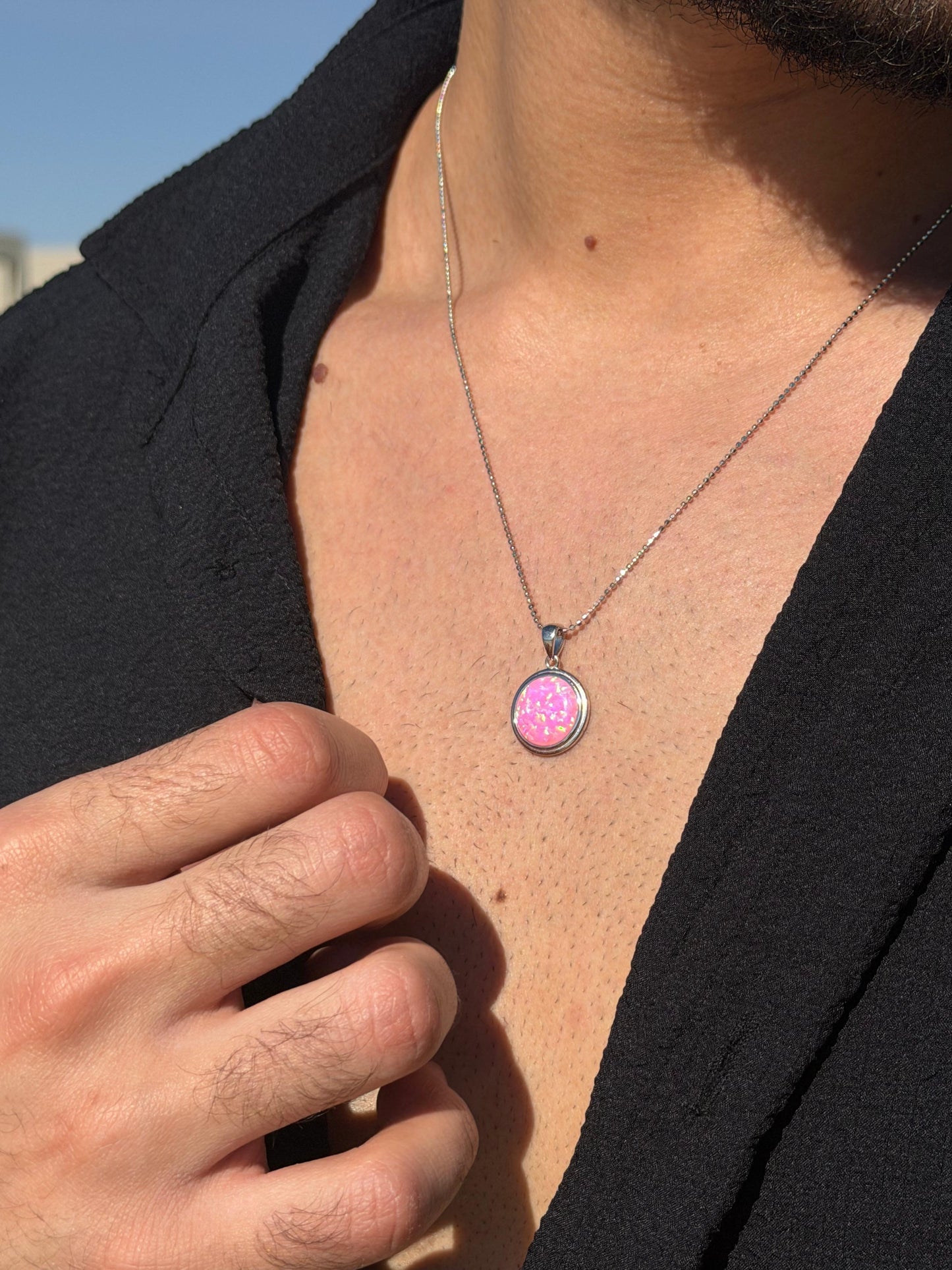 Circle Pink Opal Necklace in Sterling Silver 925s