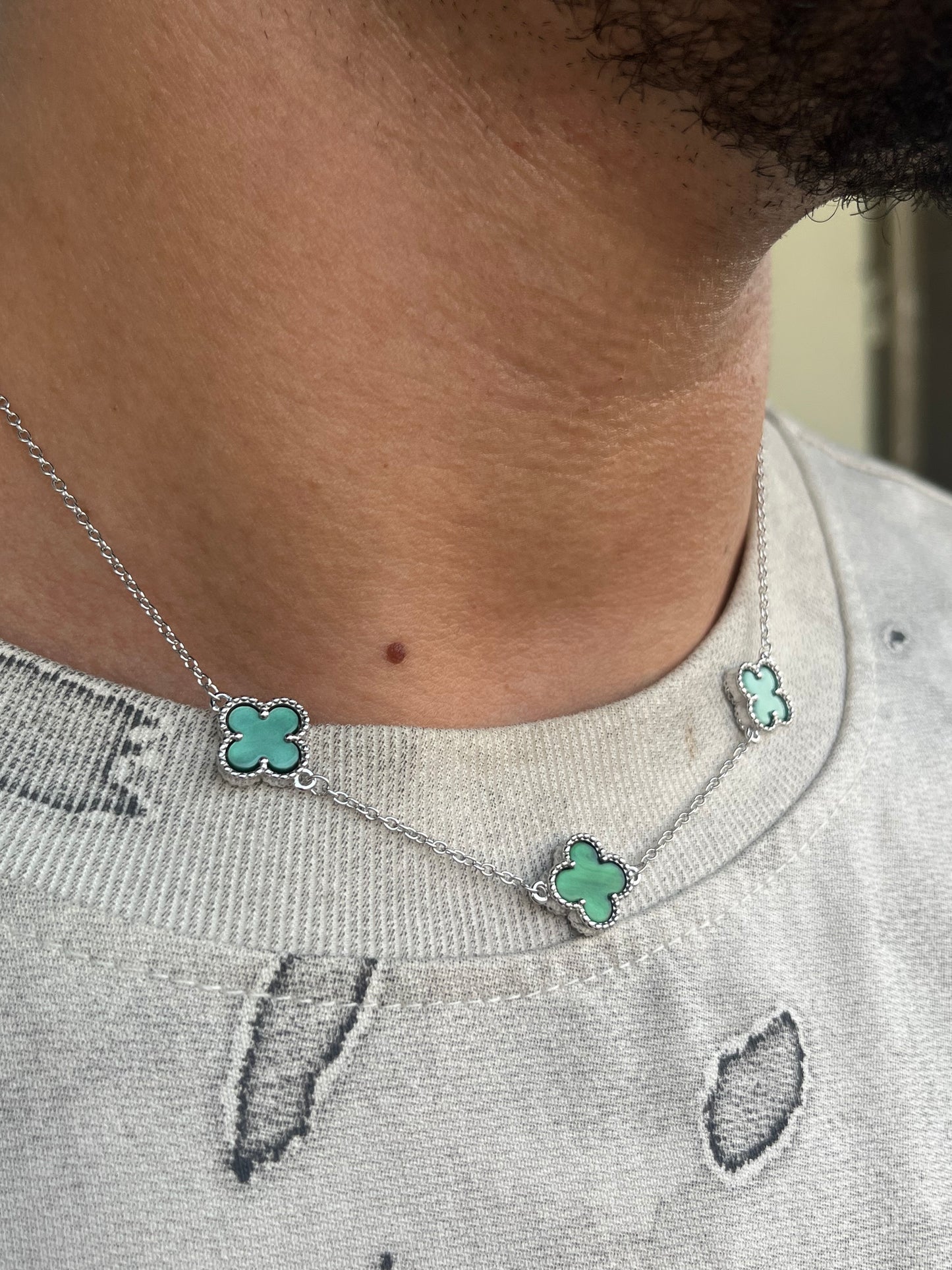 Three Green Stone Van Cleef Necklace S925 Sterling Silver for men