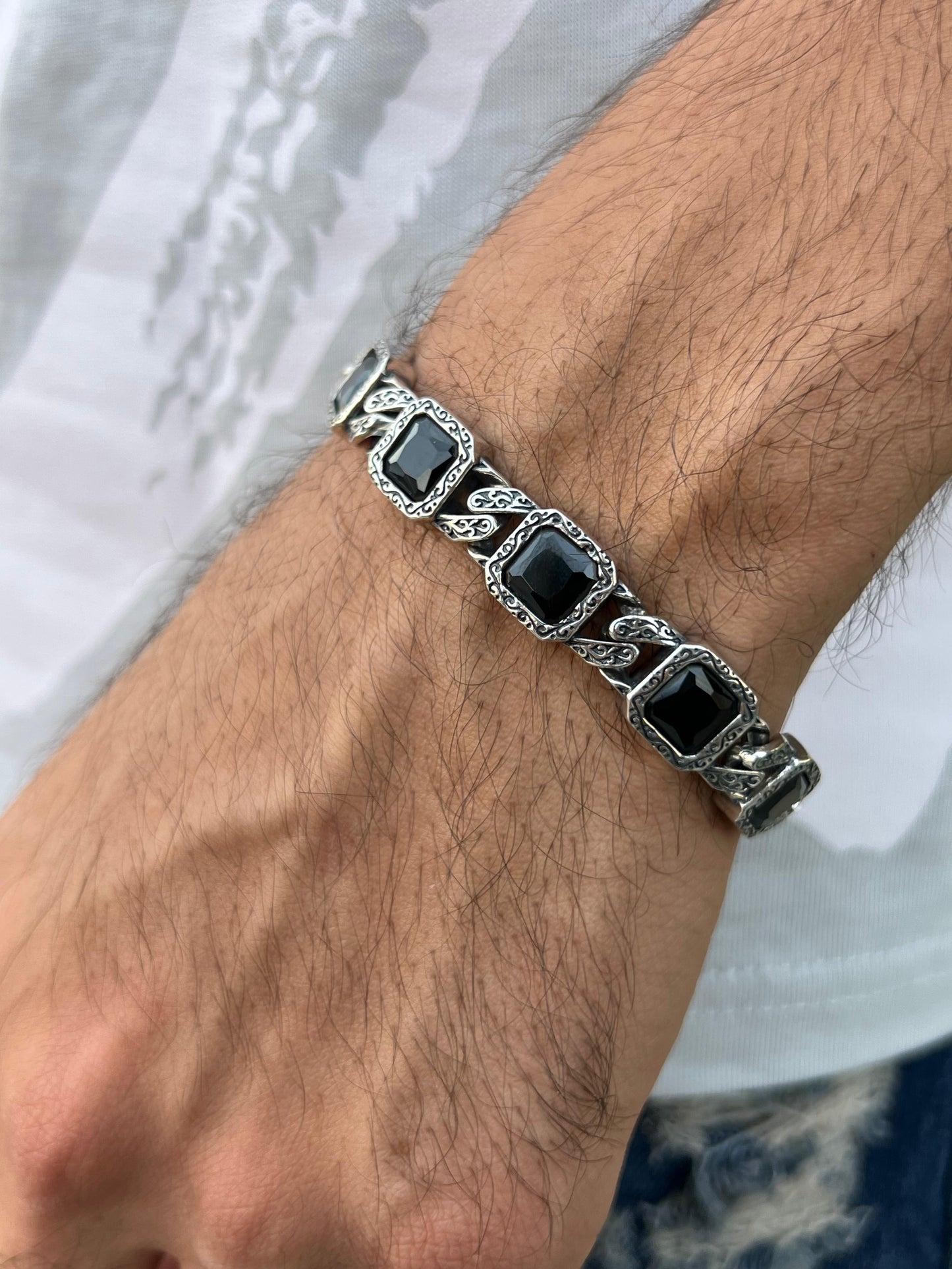 Black Stones Bracelet for Men's Sterling Silver 925s-20cm