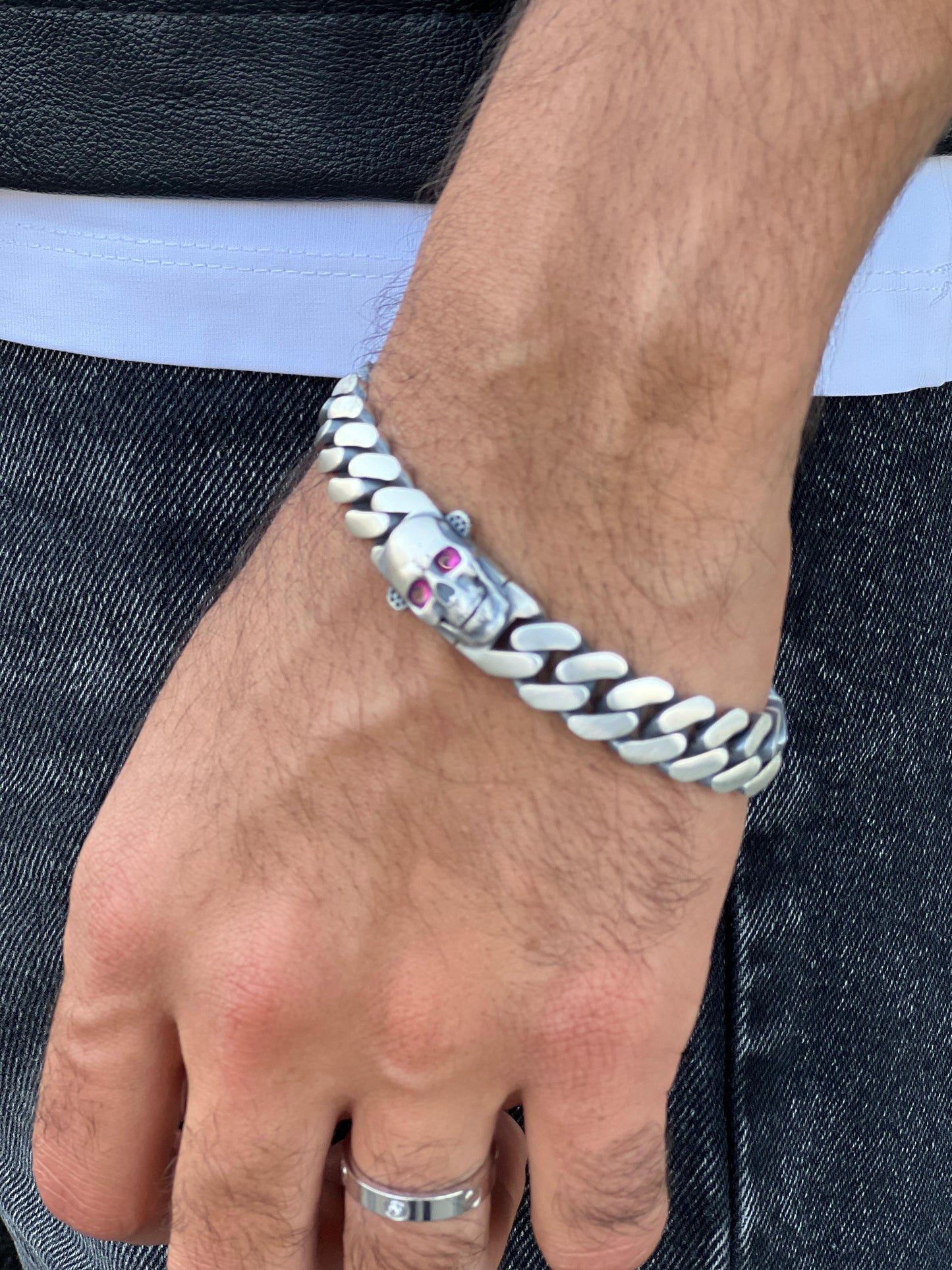 Skull Grommet Bracelet for Men's Sterling Silver 925s-(21cm-12mm)