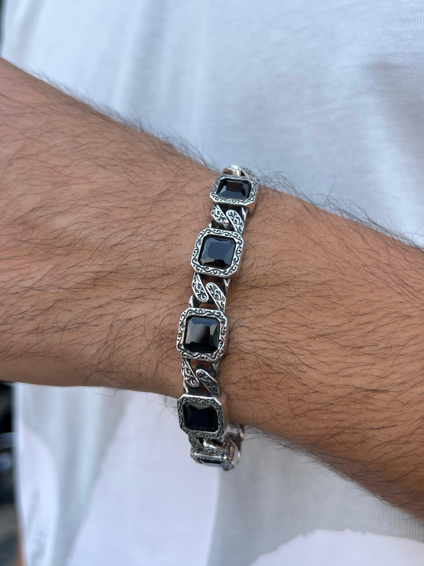 Black Stones Bracelet for Men's Sterling Silver 925s-20cm