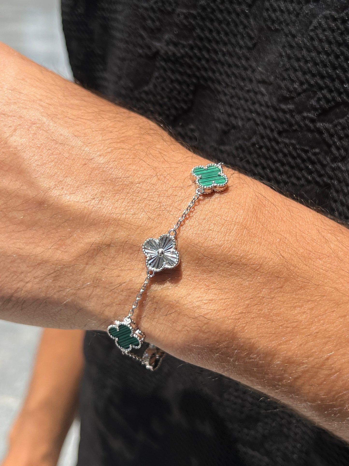 Large Diamond cut /Green Men’s 5 Van Cleef Bracelet in Italian Silver S925
