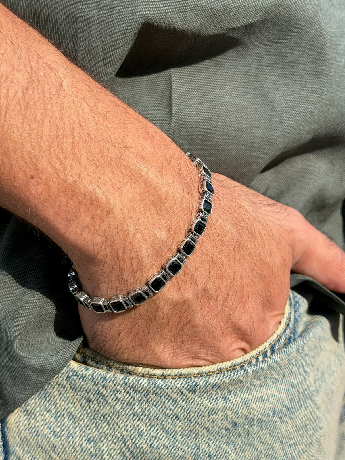 Noir Grid Bracelet for Men's Sterling Silver 925s -6mm-