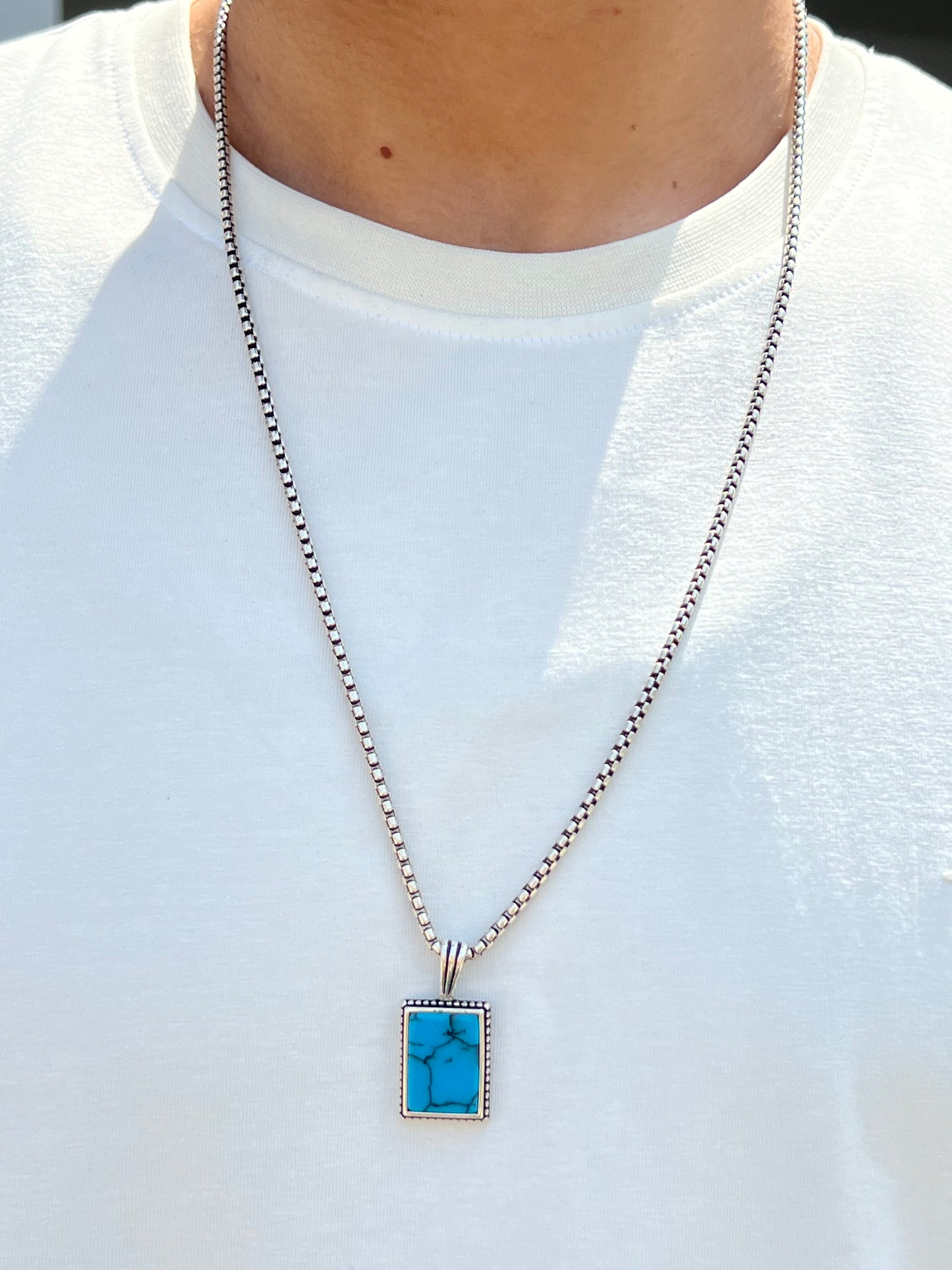 Turquoise Stone Box Chain Necklace for Men – Sterling Silver 925