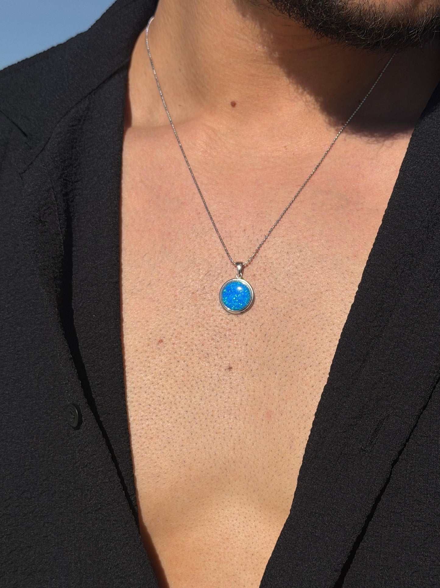 Circle Blue Opal Necklace in Sterling Silver 925s