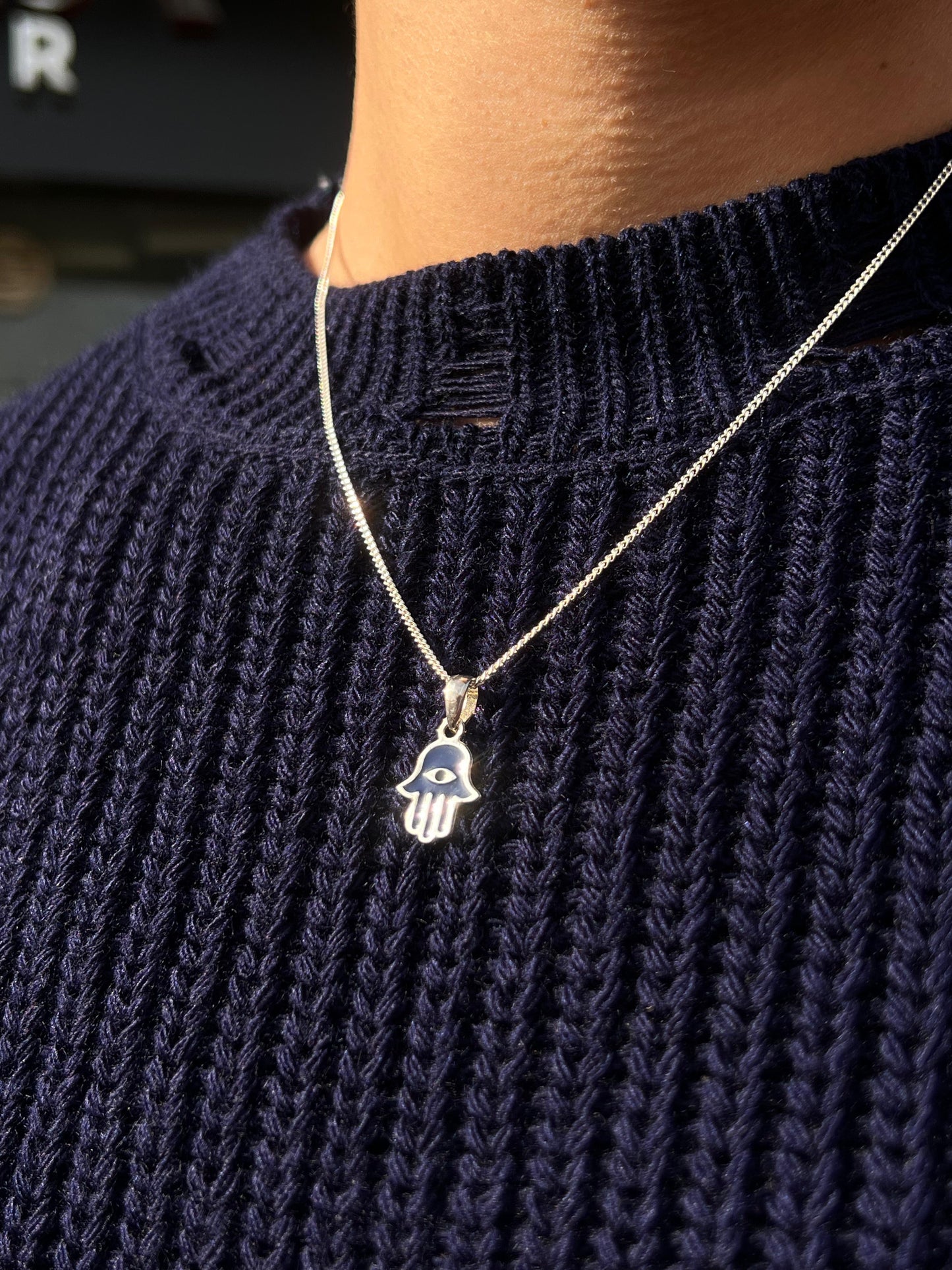 Dark blue Hamsa-Grommet Necklace Sterling Silver 925s