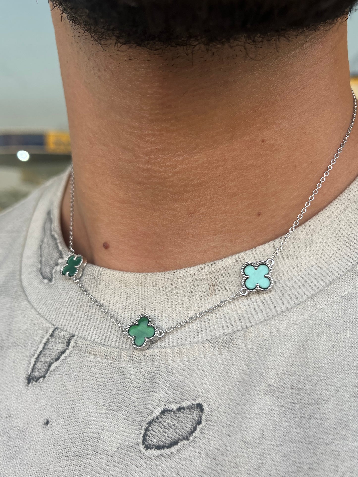 Three Green Stone Van Cleef Necklace S925 Sterling Silver for men