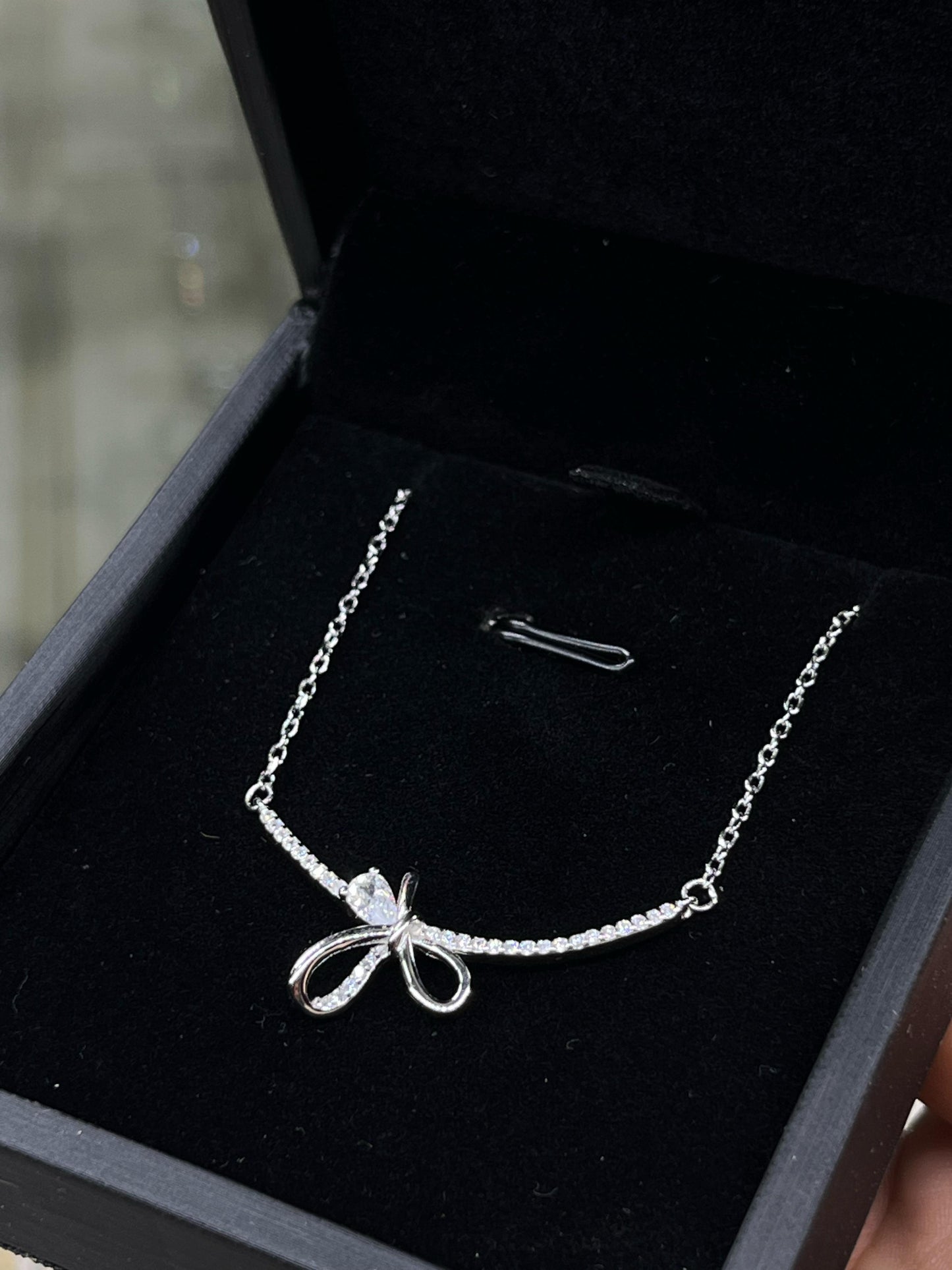 Dainty Ribbon Sparkle Necklace -sterling Silver-925s