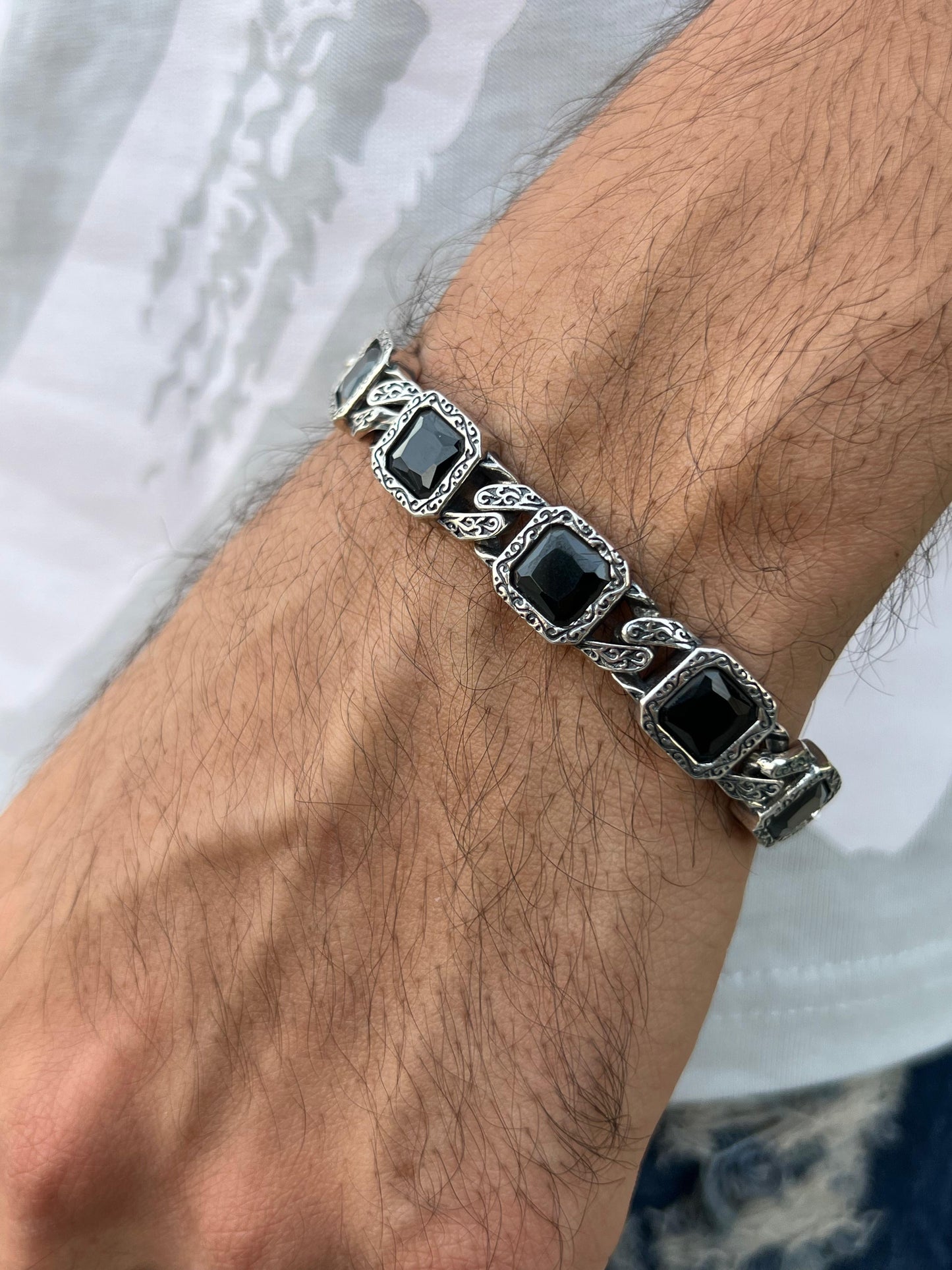 Black Stones Bracelet for Men's Sterling Silver 925s-20cm