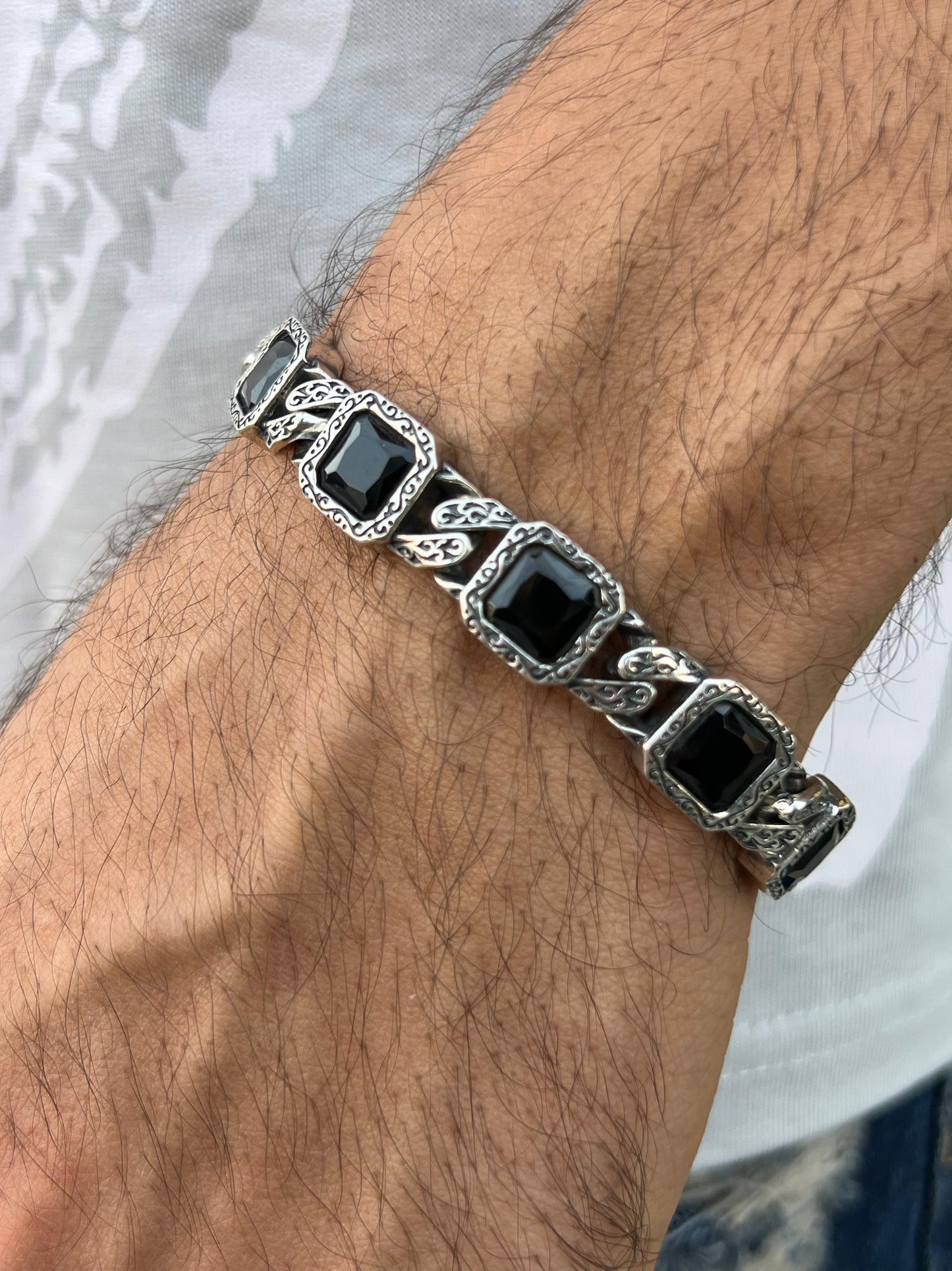 Black Stones Bracelet for Men's Sterling Silver 925s-20cm