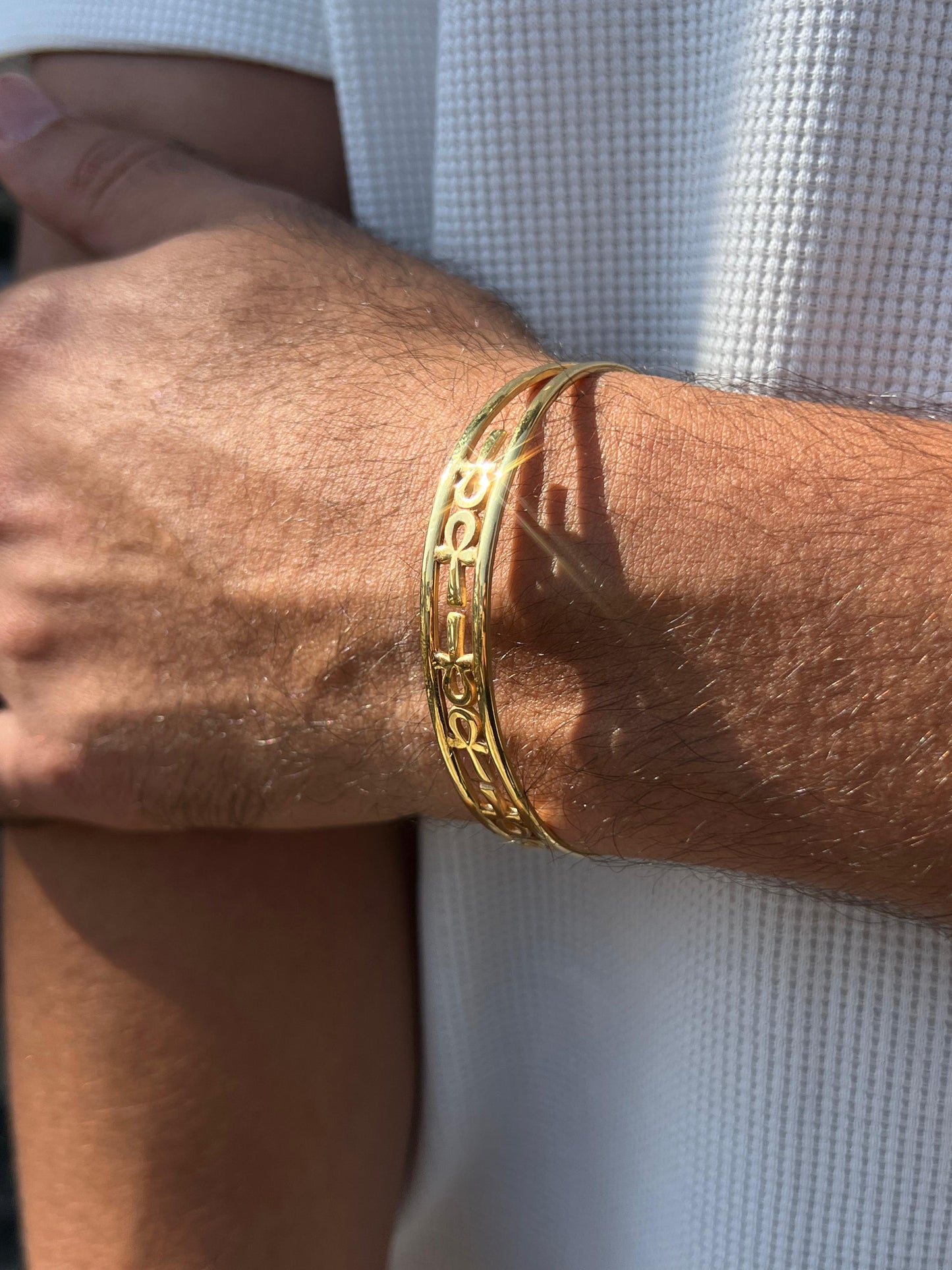 Premium- (10mm) Ankh cuff in Sterling Silver 925s- Real 21K Gold Plated