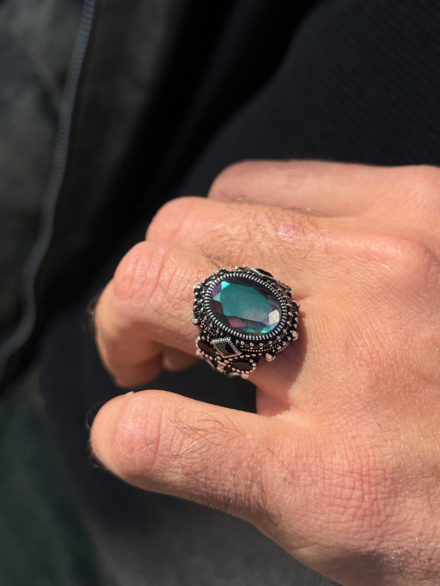 Oxized Aurora Stone Engraved Ring -Sterling Silver 925s