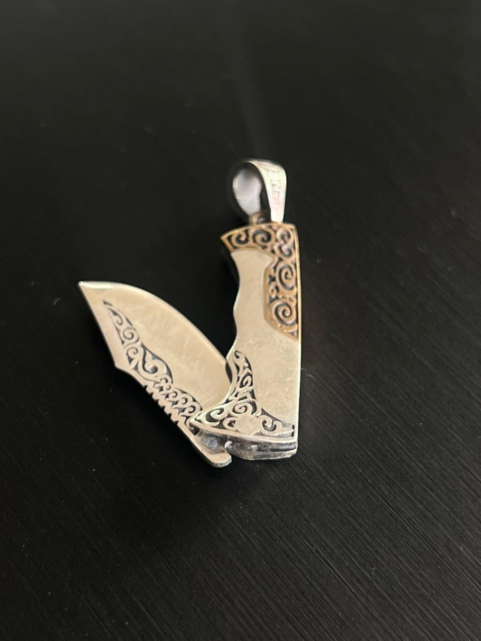 Engraved Folding knife Pendant – S925 Silver-6cm- (opens & closes)