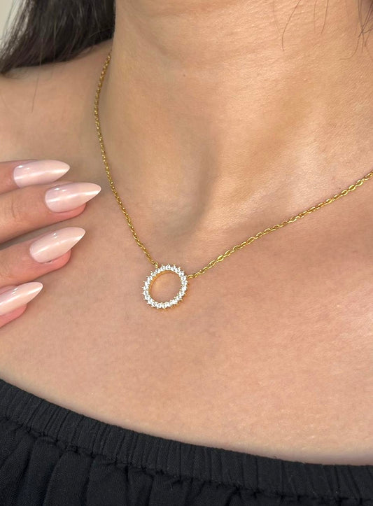 Golden Halo Necklace with clear Zircons -S925