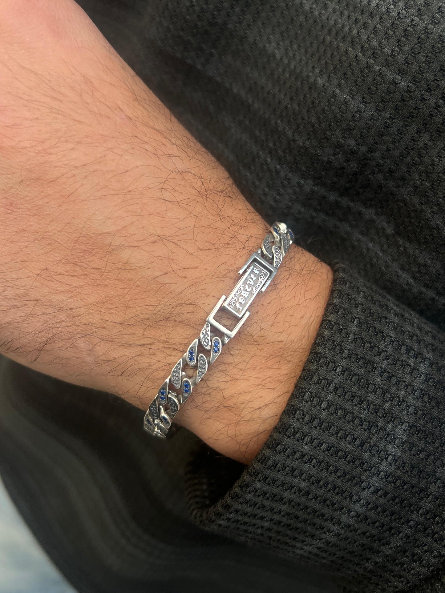 Engraved Ocean Grommet Bracelet Sterling Silver 925s-(20cm-8mm)