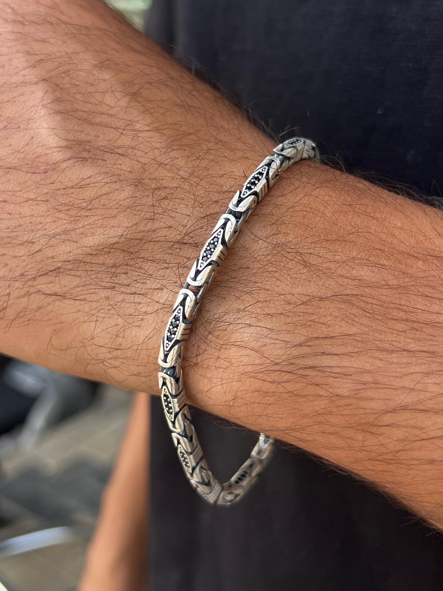 Black Zirconia King Bracelet for Men's Sterling Silver 925s-(22cm-4mm)