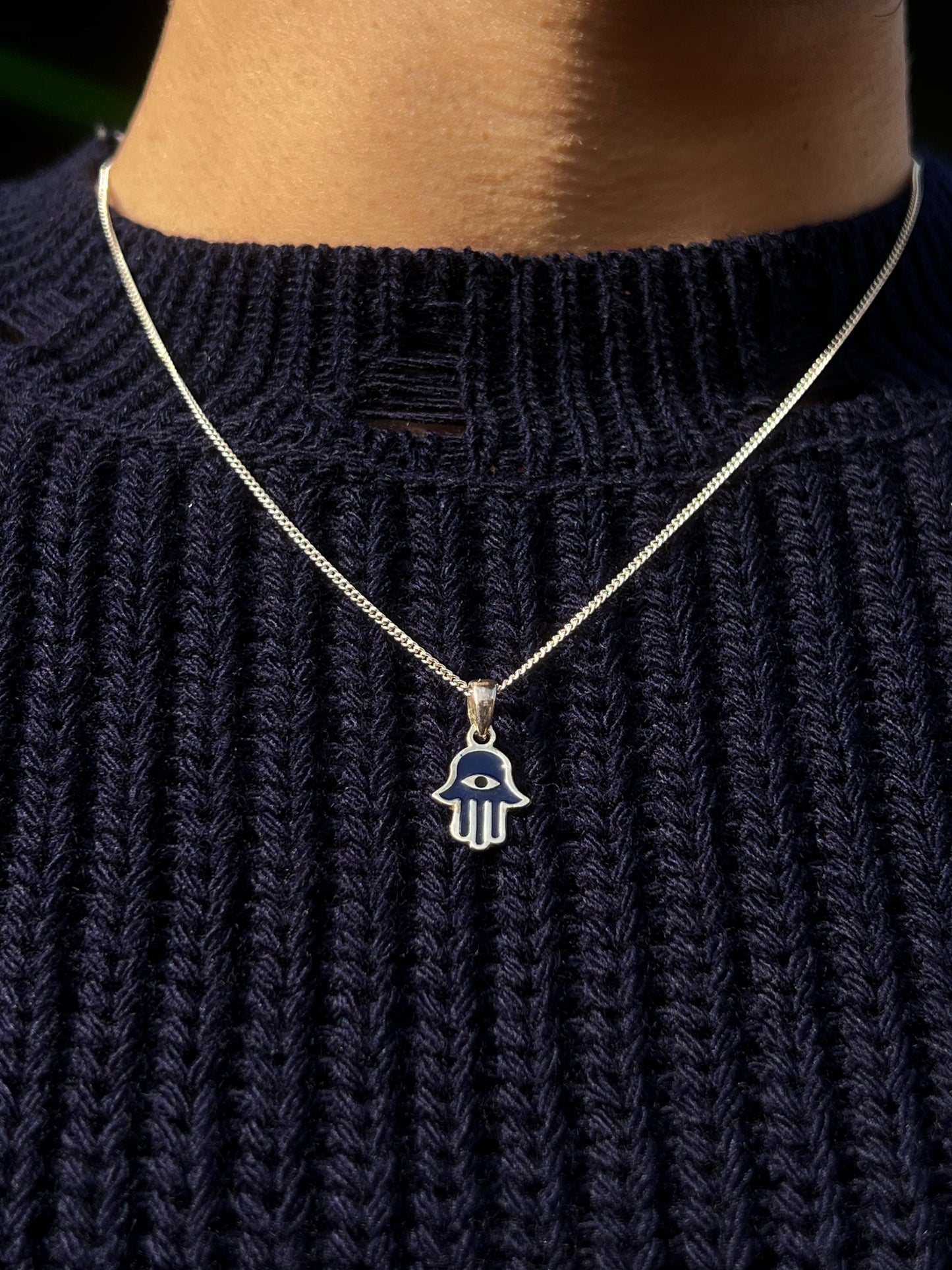 Dark blue Hamsa-Grommet Necklace Sterling Silver 925s