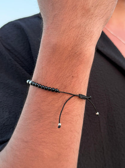 Onyx + Silver Beads Adjustable Macramé Bracelet