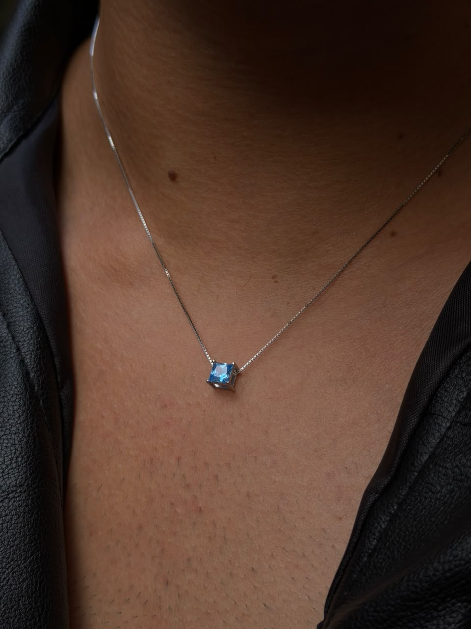 Square blue Zirconia Necklaces for Men's Sterling Silver 925