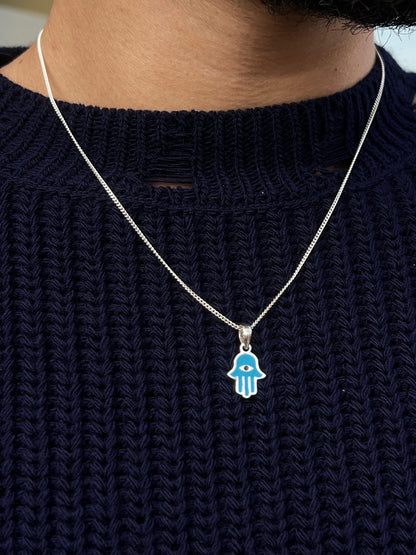 Aqua Hamsa-Grommet Necklace Sterling Silver 925s