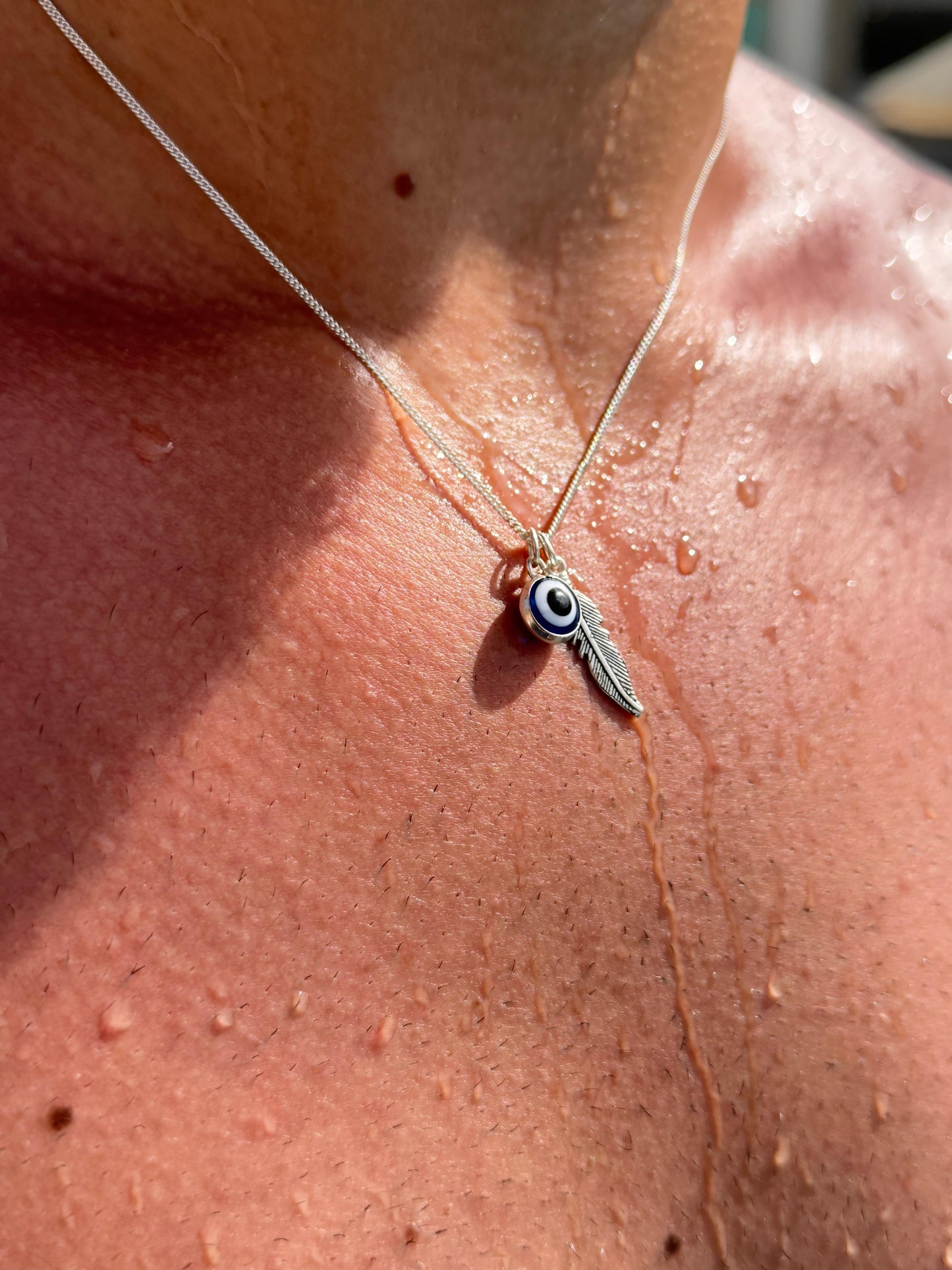 Evil Eye Feather Necklace in Sterling Silver 925s