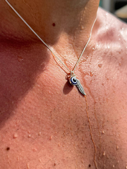 Evil Eye Feather Necklace in Sterling Silver 925s