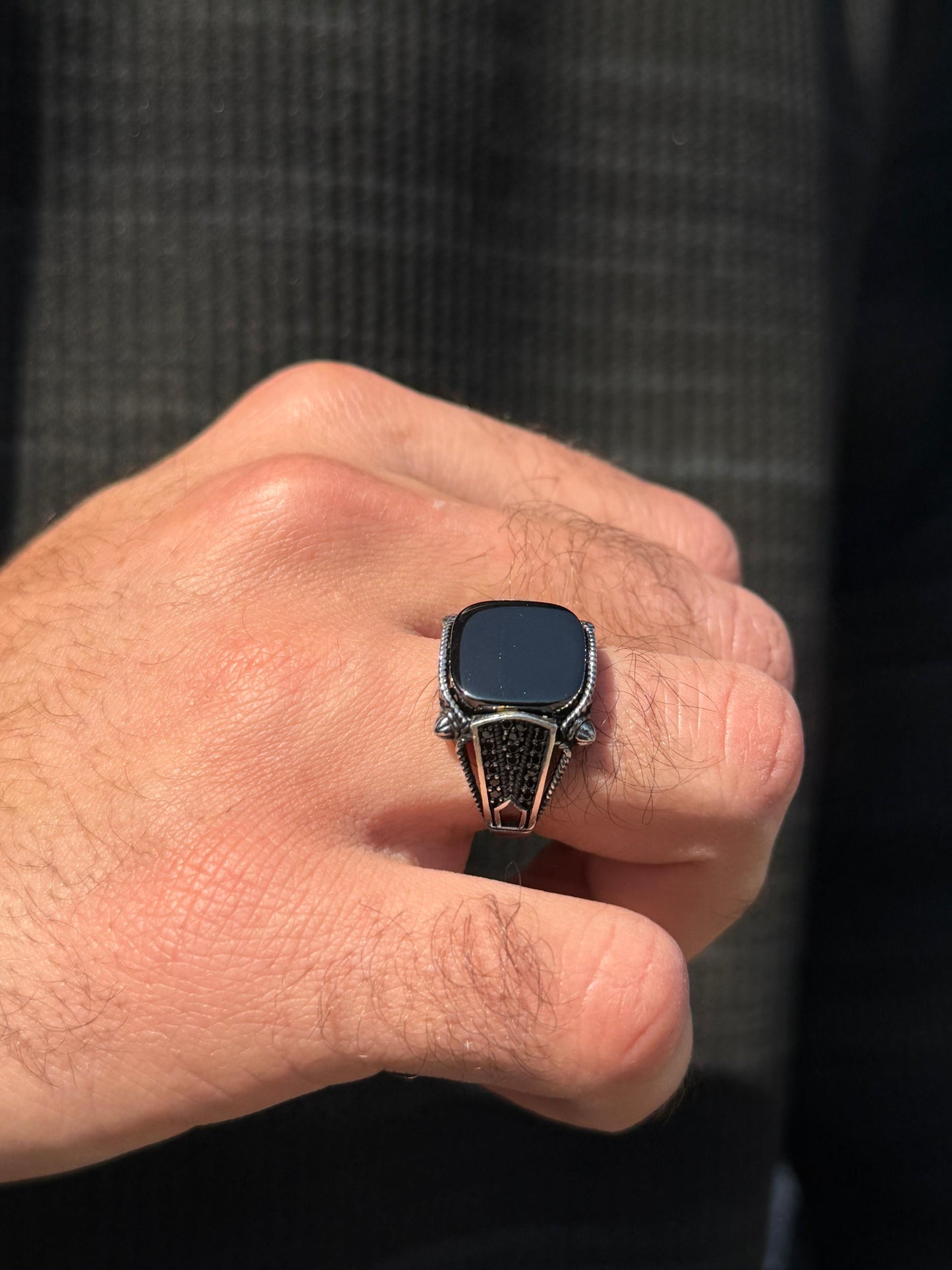 Black onyx Stone Engraved Ring -Sterling Silver 925s