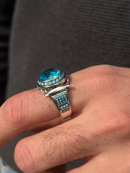 Aqua Stone Ring -for Men's Sterling Silver 925s