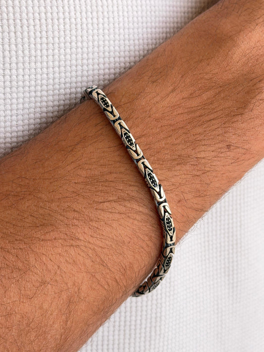 Black Zirconia King Bracelet for Men's Sterling Silver 925s-(22cm-4mm)