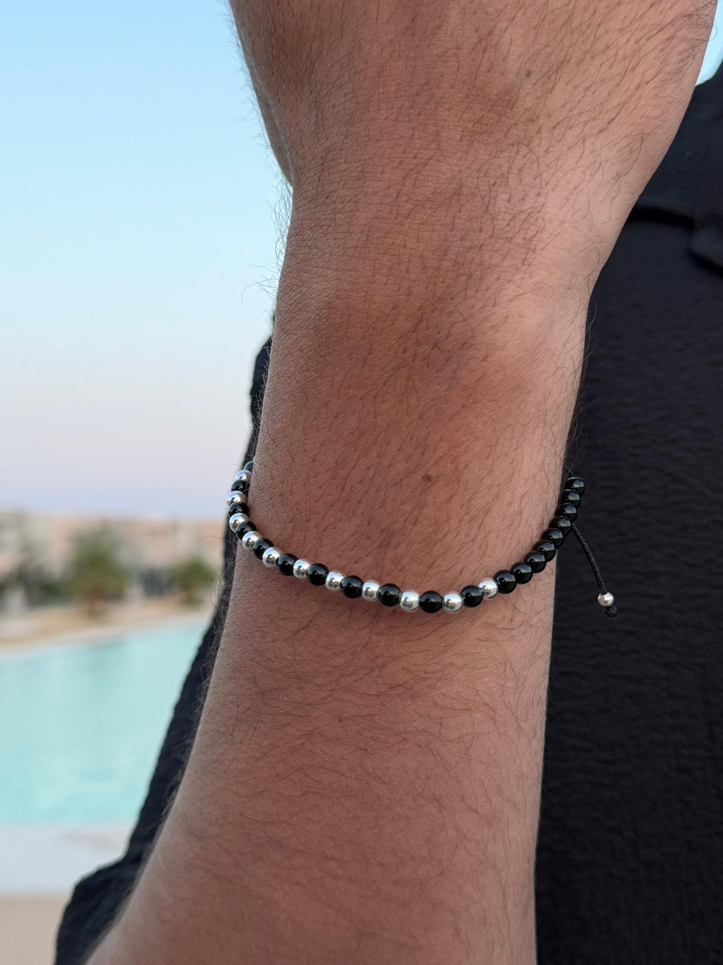 Onyx + Silver Beads Adjustable Macramé Bracelet