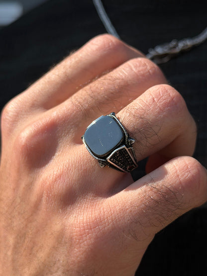 Black onyx Stone Engraved Ring -Sterling Silver 925s