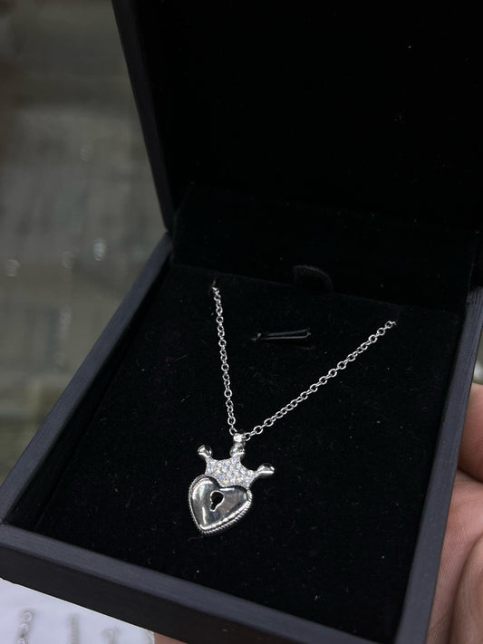 Crowned Heart Lock Necklace -sterling Silver-925s