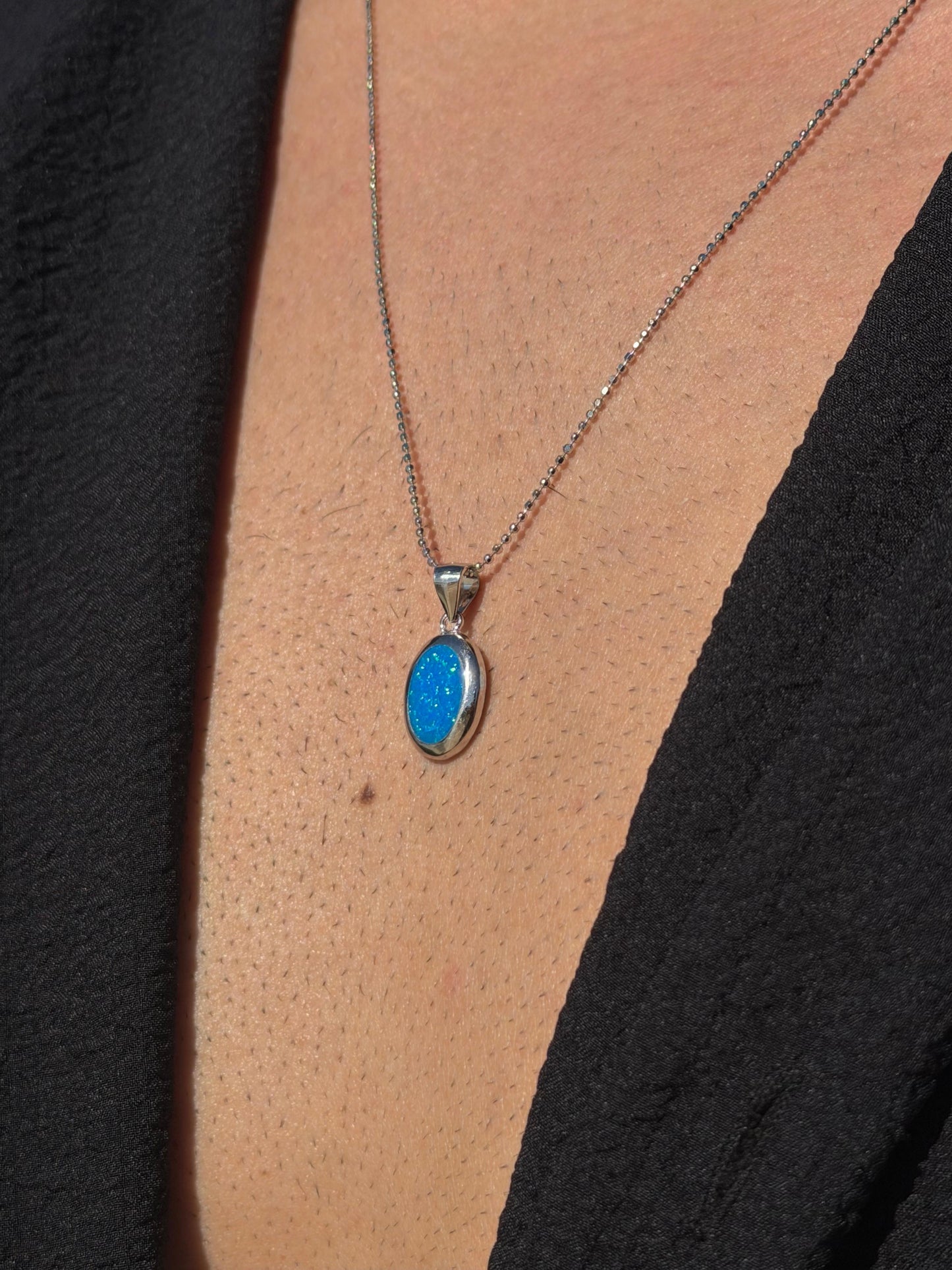 Oval Blue Opal Necklace in Sterling Silver 925s