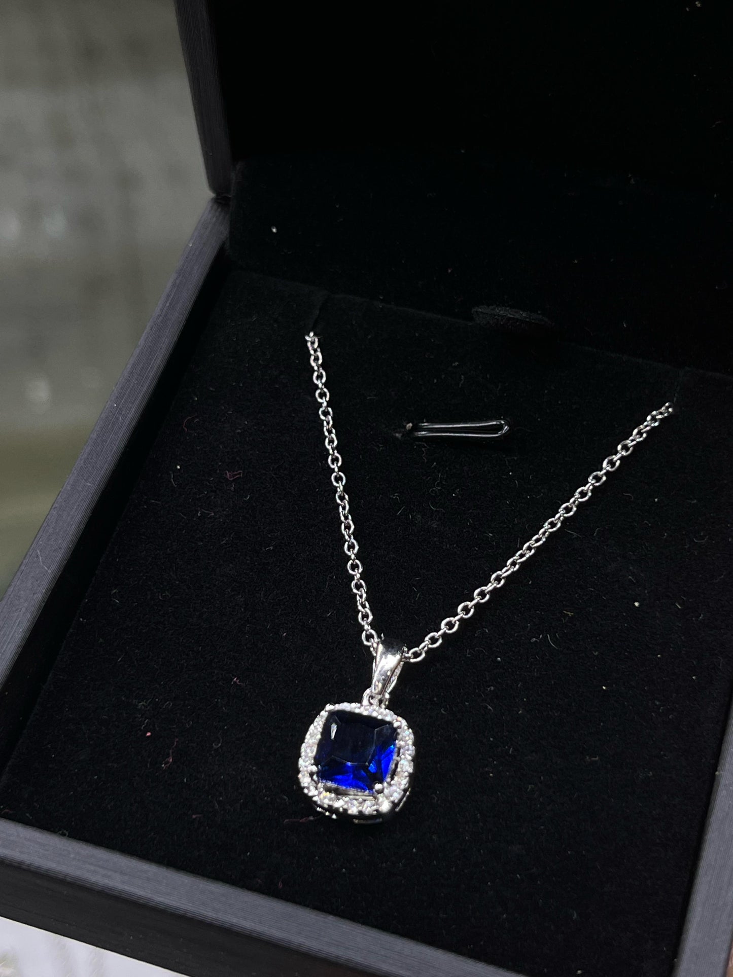 Royal blue Square zirconia Necklace -sterling Silver-925s