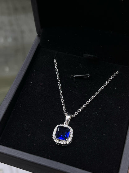 Royal blue Square zirconia Necklace -sterling Silver-925s