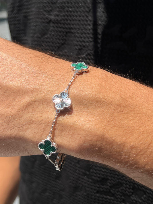 Large Diamond cut /Green Men’s 5 Van Cleef Bracelet in Italian Silver S925