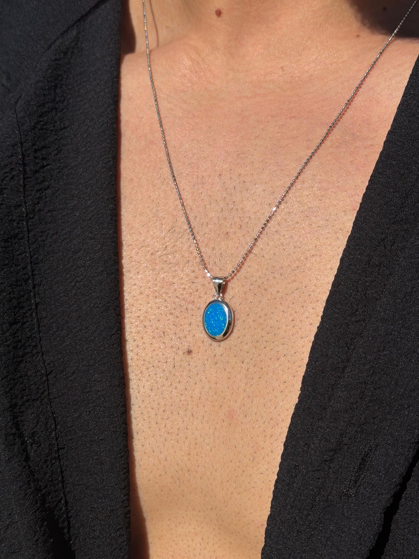 Oval Blue Opal Necklace in Sterling Silver 925s