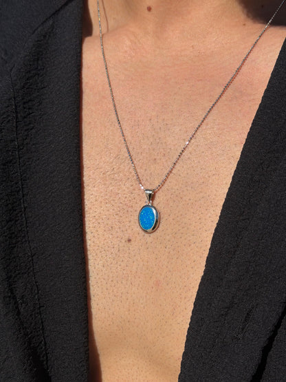 Oval Blue Opal Necklace in Sterling Silver 925s