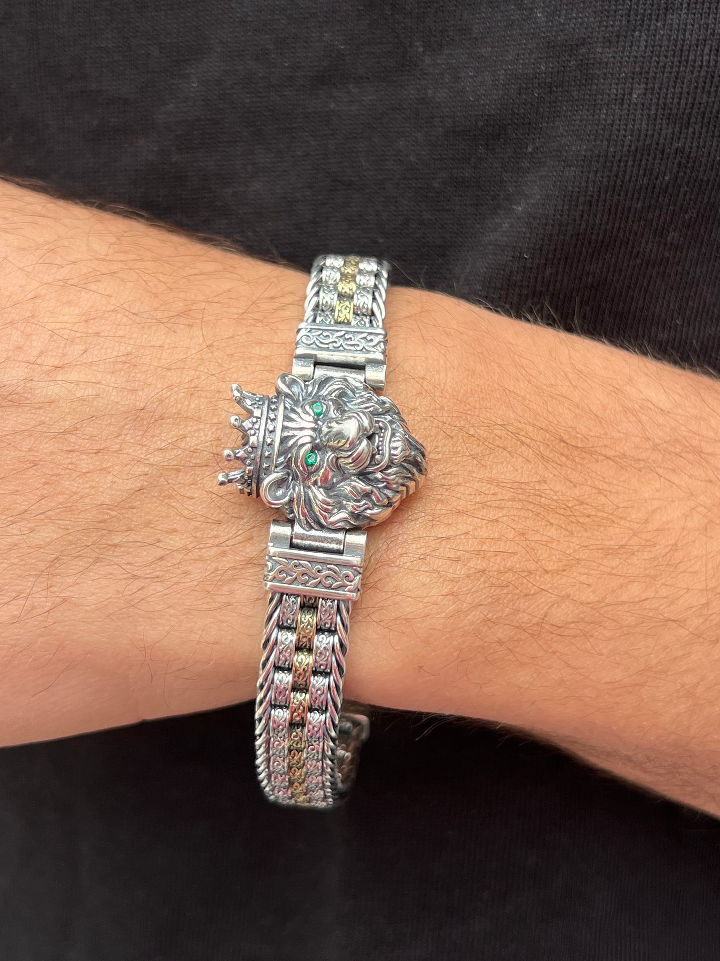 Emerald eyes King lion head bracelet for men 925s