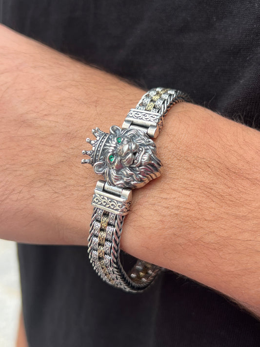 Emerald eyes King lion head bracelet for men 925s