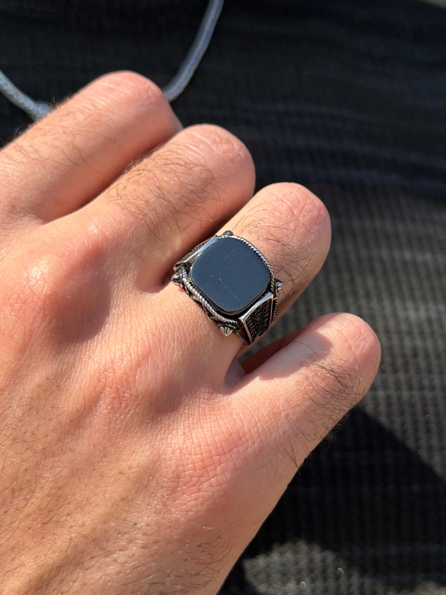 Black onyx Stone Engraved Ring -Sterling Silver 925s