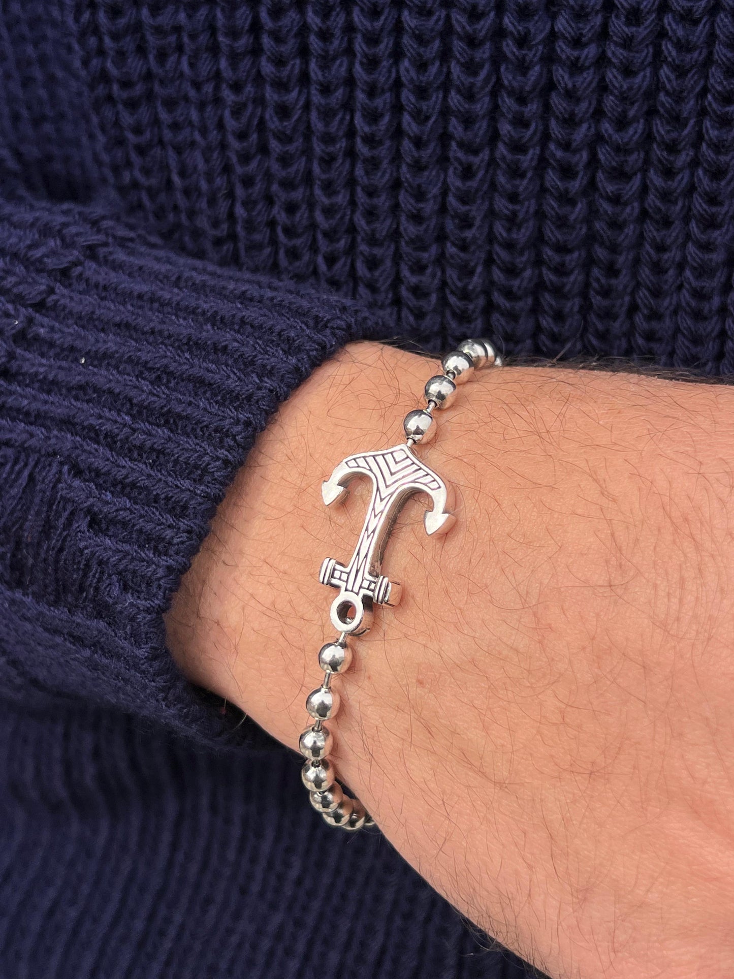 Anchor Beaded Bracelet for Men's Sterling Silver 925s-21cm