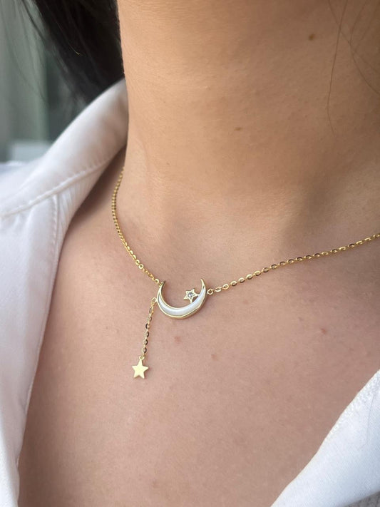 Fine Gold plated Pearl Crescent Moon Necklace-in Sterling Silver -925