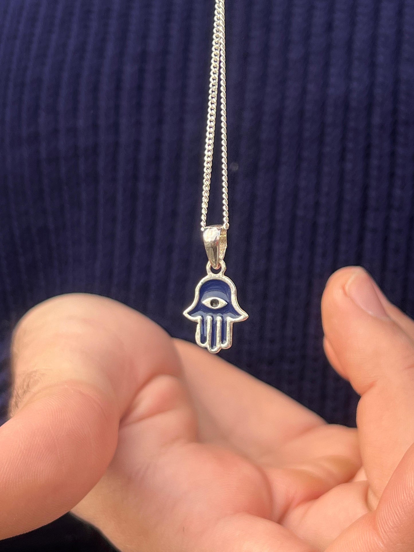 Dark blue Hamsa-Grommet Necklace Sterling Silver 925s