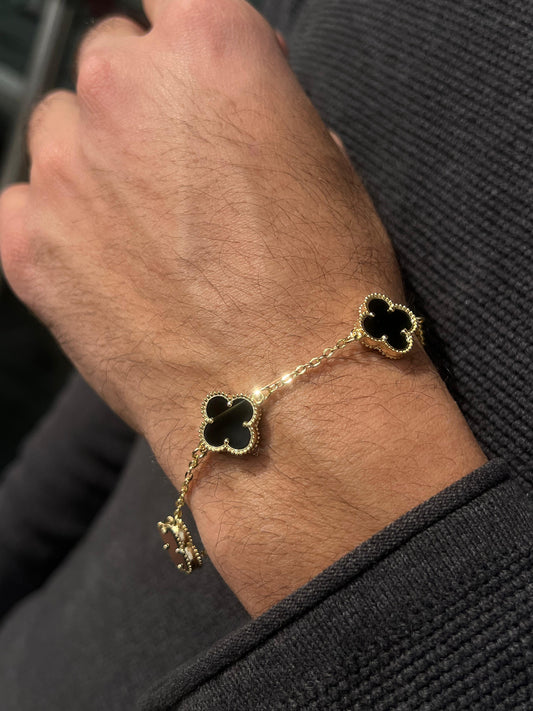 Fine Gold Plated Men’s 3 V.Clover & Arpels Black Onyx Bracelet in Italian Silver S925