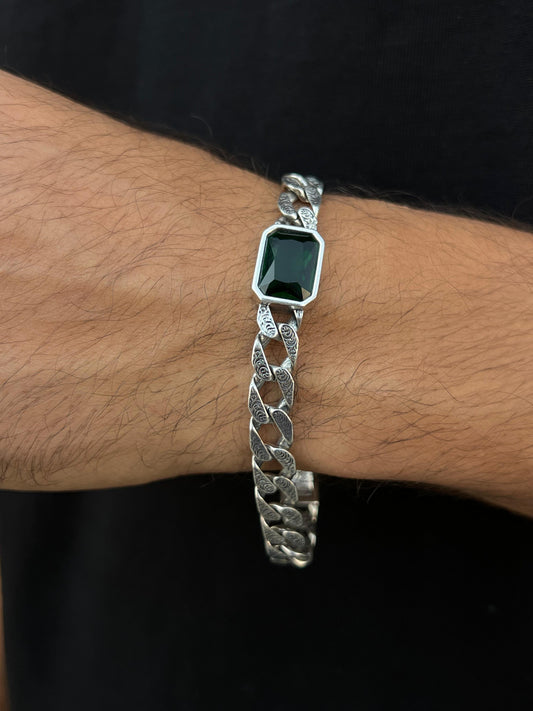 Emerald Green Stone Turkish Bracelet for Men's Sterling Silver 925s-22cm