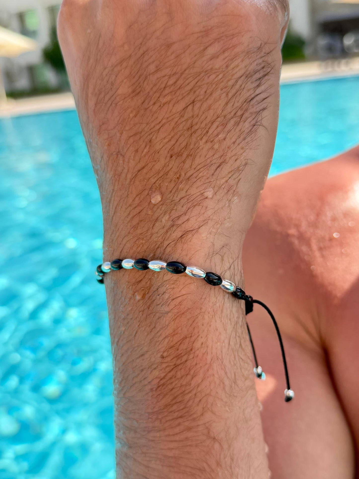 Onyx + Silver Beads Adjustable Macramé Bracelet