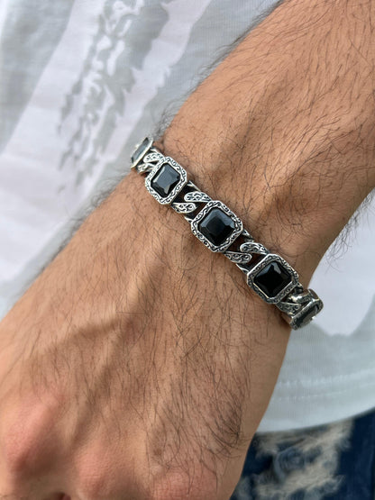 Black Stones Bracelet for Men's Sterling Silver 925s-20cm
